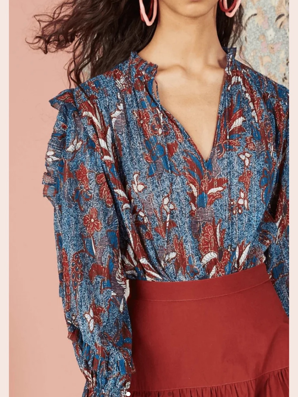 Ulla Johnson Lara Blue and Rust Floral Ruffle Blouse
